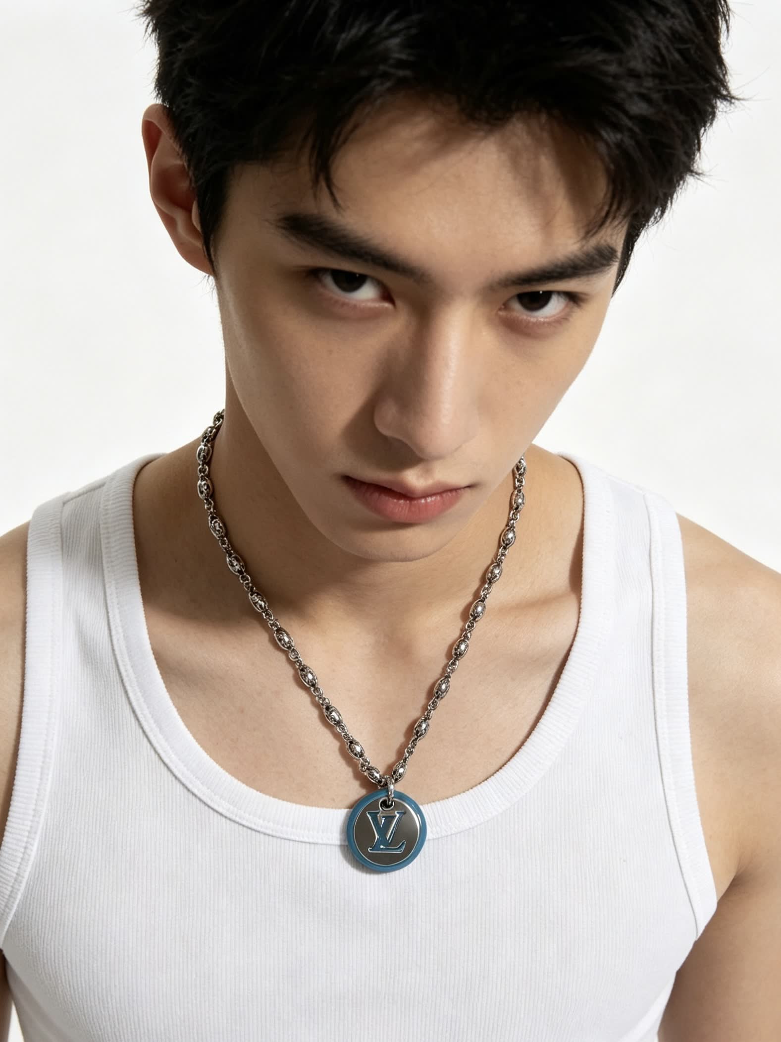 Louis Vuitton Silver and Blue Logo Pendant Necklace